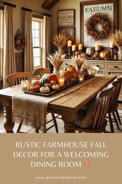 Transform your dining room into a cozy, rustic retreat this fall with warm, earthy tones and natural elements. This farmhouse setup features a beautiful mix of pumpkins, wheat bundles, and soft candlelight, all arranged on a wooden table with a burlap runner. It's the perfect way to bring the warmth and charm of the season into your home, making it ready for intimate gatherings or family dinners. Get inspired to create your own fall haven! 🍁 #FallDecor #FarmhouseStyle #CozyHome Earthy Dining Room Decor, Farmhouse Fall Dining Table Decor, Earthy Dining Room, Rustic Wood Tables, Rustic Farmhouse Fall Decor, Farmhouse Dining Room Decor Ideas, Fall Dining Room Decor, Fall Dining Table Decor, Farmhouse Dining Room Decor