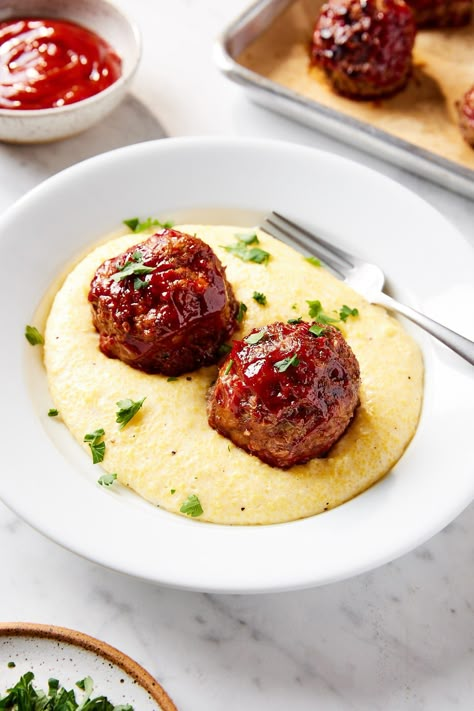 Meatloaf Meatballs with Parmesan Polenta - Wyse Guide Meatloaf Meatballs, Parmesan Polenta, Apple Pork Tenderloin, Wyse Guide, Ketchup Sauce, How To Make Meatballs, Ham And Beans, Quick Cooking, Recipe For Mom