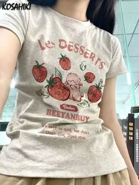 Strawberry Bunny, Cartoon Strawberry, Strawberry Shirt, Bunny T Shirt, Image Swag, Casual Tees, Aesthetic Summer, 가을 패션, Really Cute Outfits