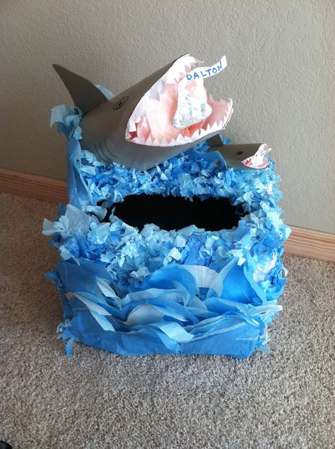 Shark Valentine box, made this for my son! It originally had just the big shark, but he told me the big shark was the daddy and it needed a baby shark.. so I made one! My version of the shark Valentine day box was inspired by other shark Valentine day boxes here on Pinterest! Shark Valentines, Valentines Day Boxes, Valentines Box Ideas, Baby Valentines, Valentine Card Box, Summer Kid, Valentine Boxes, Valentines Box, Happy Hearts Day