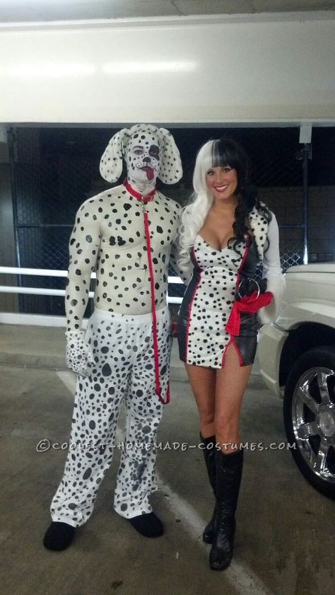 101 Dalmations Costume, Dalmation Costume, Cruella Deville Costume, Cruella Costume, Dalmatian Costume, Couple Costume, Couple Costumes, Homemade Costumes, Halloween Costume Contest