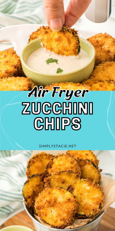 Two image collage of air fryer zucchini chips. First image shows a chip being dipped in sauce. Second images is chips in a metal serving bucket. Air Fryer Zucchini Chips, Air Fryer Chips, Fried Zucchini Recipes, Pinterest Collage, Zucchini Chips Recipe, Air Fryer Zucchini, Zucchini Recipes Dessert, New Air Fryer Recipes, Air Fryer Recipes Snacks