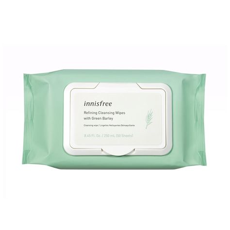 Pack of wipes with Jeju Green Barley to naturally exfoliate and cleanse skin. Korean Face Wash, Sephora Skin Care, Cleansing Routine, Makeup Remover Wipes, Cleansing Wipes, The Face Shop, Skin Cleanse, Wet Wipes, Flaky Skin