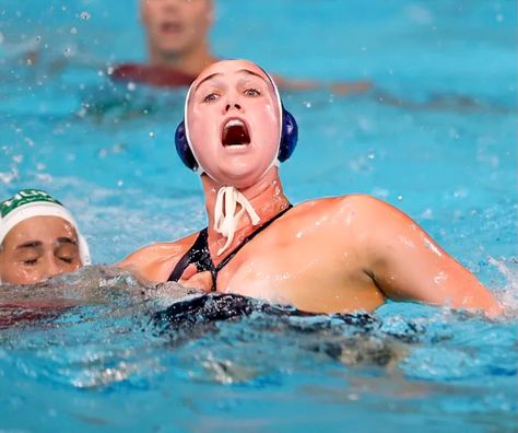 Aria Fischer #9, Center Forward, USA National Women’s Water Polo Team, demonstrates how one asks the ref for a foul to be called. Women's Water Polo, Water Polo Team, Polo Team, Usa Women, Water Polo, Summer Olympics, Pool Float, Pool, Water