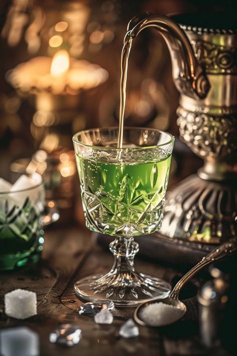 Absinthe Aesthetic, Cocktail Aesthetic, Absinthe Cocktail, Classic Cocktail Recipes, Cocktail Ideas, Victorian Aesthetic, Green Fairy, Art And Literature, Classic Cocktail