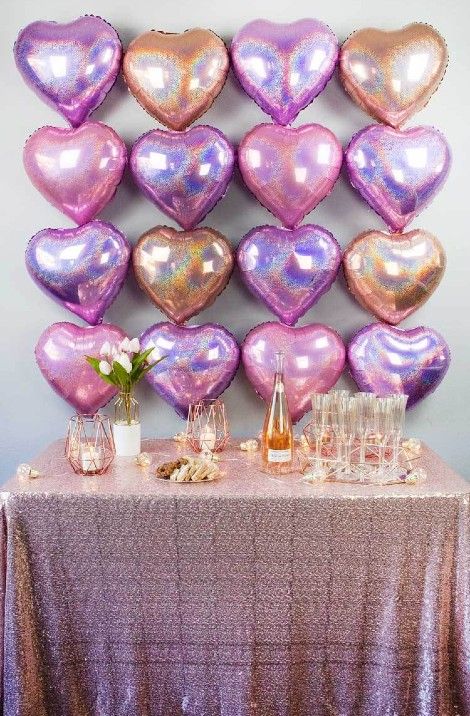 Girls Brunch Party, Baloon Wall, Celebration Aesthetic, Mirror Trays, Balloon Heart, Purple Valentine, Girls Brunch, Simple Birthday Decorations, Valentines Balloons