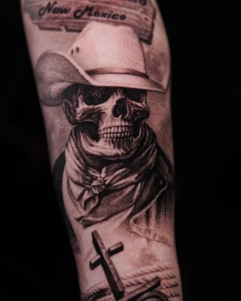 Done at @studioone.1ink #3rlonly #3rltattoo #realisticink #blackandgreytattoo #art #cowboys #skull #luciantatar Cowboy Hat Tattoo, Best Leg Tattoos, Half Sleeve Tattoos Forearm, Cowboy Tattoos, Tatted Men, Skull Sketch, Skull Sleeve, Statue Tattoo, Men Tattoos Arm Sleeve