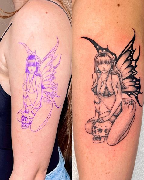 💕💜 Stencil vs Tattoo 💜💕 #beforeandafter #fairytattoo Skull Fairy Tattoo, Vs Tattoo, Skull Fairy, Fairy Tattoo, Tattoos, On Instagram, Instagram