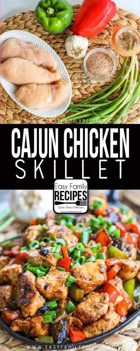 FAMILY FAVORITE! This Cajun Chicken Skillet takes only 6 ingredients and 1 skillet to make! Perfect to have on the table on a busy weeknight in as little as 20 minutes and PACKED with flavor! You can even serve this as a hearty appetizer with toothpicks. Bonus: this recipe is gluten free, dairy free, whole30 compliant, paleo and keto friendly! Green Onion Chicken Recipes, Cajun Chicken Skillet, Chicken And Green Onion Recipes, Cajun Chicken Recipes Healthy, Cajun Chicken And Peppers, Green Pepper And Chicken Recipes, Gluten Free Chicken Recipes Skillet, Chicken Onion Bell Pepper Recipe, Chicken Green Onions Recipes