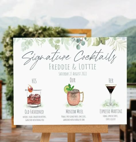 Wedding Drinks Station, Signature Cocktail Ideas, Wedding Cocktail Ideas, Eucalyptus Border, Cocktail Sign Wedding, Mojito Recipe Classic, Cocktail Posters, Glittery Wedding, Wedding Drink Station