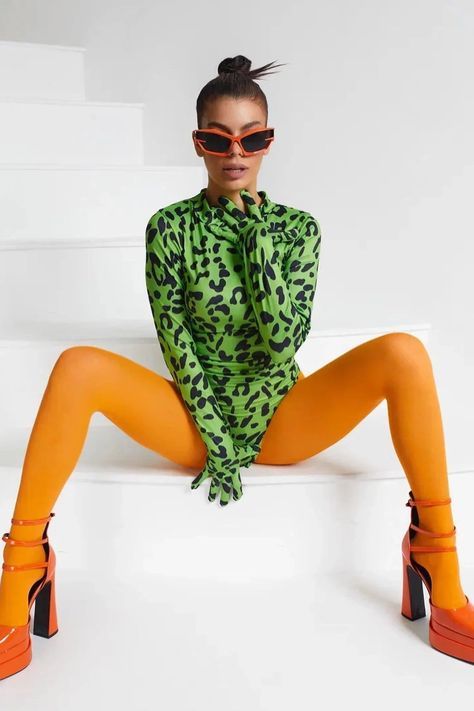 Bodysuit Shoot Ideas, Bodysuit And Boots Photoshoot, Leopard Print Photoshoot, Green Photoshoot Ideas, Bodysuit Editorial, Poses In Heels, Fierce Women Photoshoot, Blue Fashion Photography, Fashion Photoshoot Studio Ideas