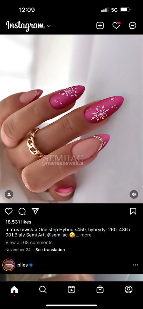 Pink Snow Flakes Nails, Pink Snowflake Nail Design, Dark Pink Christmas Nails, Pink Chrome Snowflake Nails, Pink Sparkly Christmas Nails, Pink Sparkle Christmas Nails, Hot Pink Holiday Nails, Pink And White Snowflake Nails, Frosty Pink Nails