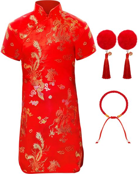 PRICES MAY VARY. Chinese New Year Outfit Set: you will receive 1 piece of girls Chinese New Year dress, 1 pair (2 pieces) of Chinese style hair clips and 1 piece of red rope bracelet, all costume accessories are designed with classic Chinese style, wearing them together will make your little princess more adorable and elegant Traditional Chinese Style: the Lunar New Year dress for girls is embroidered with Chinese traditional dragon and phoenix patterns, which represent good luck and happiness i Chinese Halloween Costume, Chinese Dress Outfit, Chinese New Year Dress, Dress Dummy, Red Chinese Dress, Chinese New Year Outfit, Traditional Qipao, Traditional Dragon, New Year Outfit