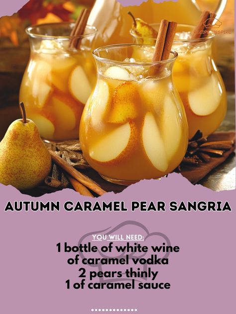 🍁✨ Ready to sip on fall flavors? Try our Autumn Caramel Pear Sangria for a cozy evening treat! 🍂🍐 Autumn Caramel Pear Sangria Ingredients: - 1 bottle of white wine (750ml) - 1 cup of caramel vodka - 2 pears, thinly sliced - 1/4 cup of caramel sauce - 1/4 cup of lemon juice - 2 cups of ginger ale - Cinnamon sticks for garnish Instructions: 1. In a large pitcher, combine white wine, caramel vodka, pears, caramel sauce, and lemon juice. 2. Stir well and refrigerate for at least 2 hours to let... Pear Sangria, Sangria Ingredients, Caramel Pears, Caramel Vodka, Fall Flavors, Cozy Evening, Ginger Ale, Autumn Flavors, Caramel Sauce