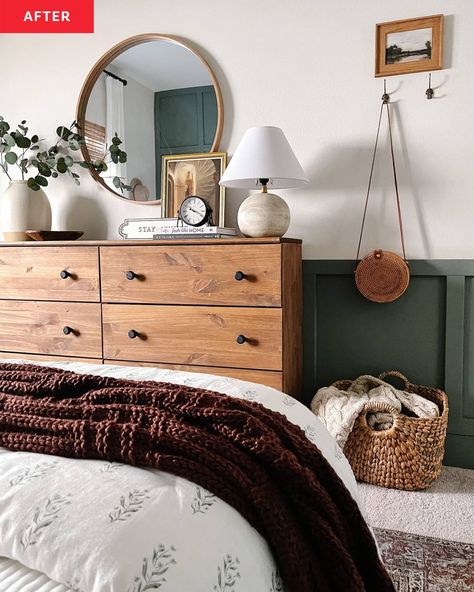 Dressers Next To Bed, Attic Guest Room, Bed In Bedroom, Green And White Bedroom, Gray Upholstered Headboard, Dresser Styling, Dresser Decor Bedroom, Small Guest Bedroom, Dream Bedroom Inspiration