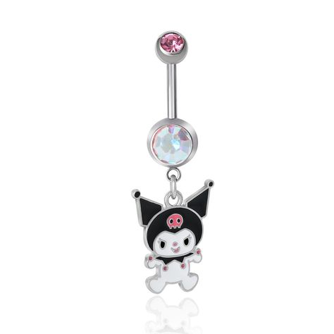 Introducing the Official License Sanrio Kuromi Belly Piercing Jewelry, a 14g belly button ring crafted from Stainless Steel (316L) Piercing element with Brass Dangle. The belly ring features beautiful crystal accents and a dangling Kuromi charm with enamel plating that provides pops of color. Sanrio belly rings come with a 5m ball at the end for a secure fit. If you're looking for a perfect gift, this belly button ring is delivered in an authentic Hello Kitty gift box, making it an ideal present Kuromi Design, Cute Belly Rings, Hello Kitty Gifts, Belly Button Piercing Jewelry, Glow Jewelry, Belly Piercing Jewelry, Button Piercing, Hello Kitty Jewelry, Belly Button Jewelry