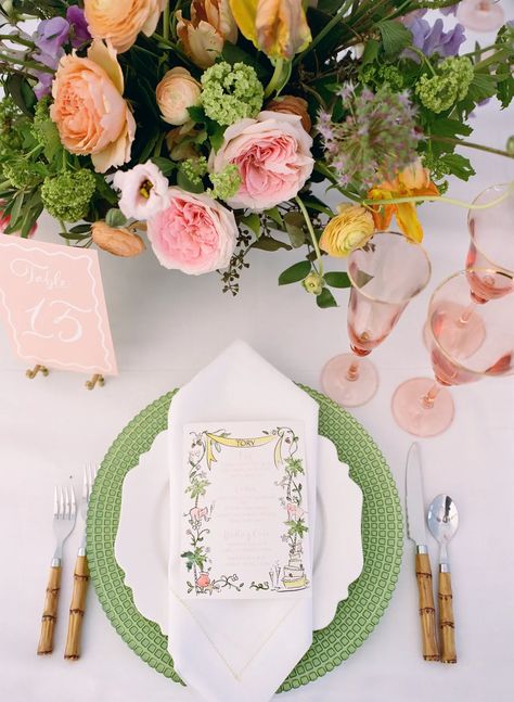 Gasparilla Inn, Green Tablescape, Pink Green Wedding, Bridesmaid Luncheon, Crockett And Jones, Eclectic Wedding, Yellow Theme, Wedding Place Settings, Pink Table