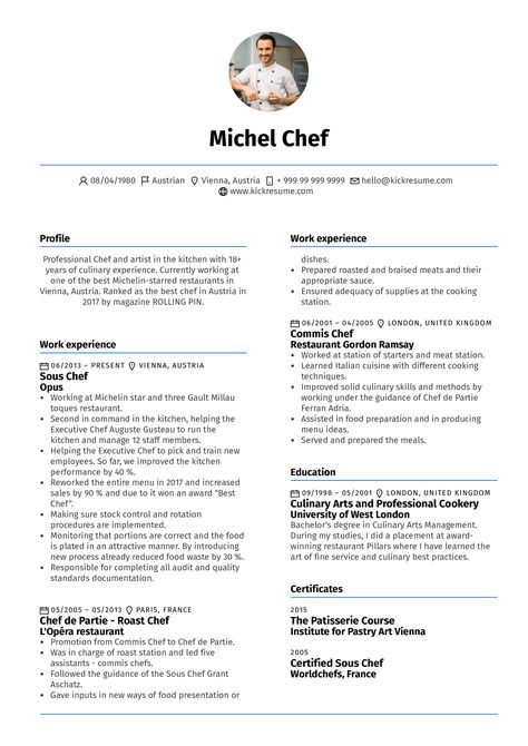 Increase your chances of scoring a job and learn to perfect your next resume with this highly instructive Sous Chef resume example. Basic Cv Template, Chef Resume, Functional Resume Template, Chef Jobs, Job Resume Samples, Resume References, Sample Resume Templates, Job Resume Template, Kitchen Clean