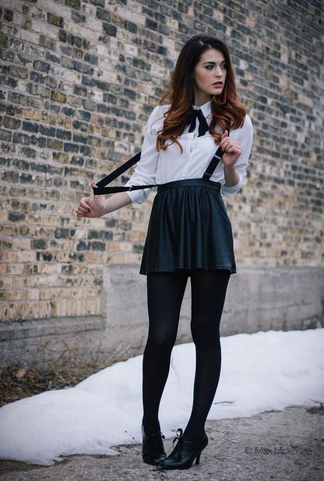 Skirt with straps Suspenders Outfits, Skirt Suspenders, Black Tights Outfit, Tights Outfits, Pleated Skirt Outfit, Girls Short Dresses, Pantyhose Fashion, Suspenders For Women, Cute Spring Outfits