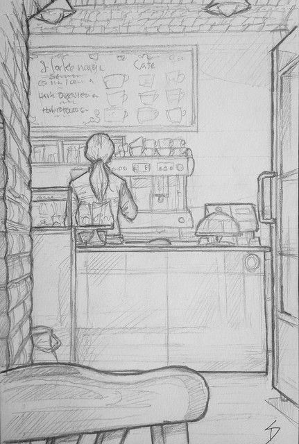 Cafe Perspective Drawing, Cafe Sketch Drawing, Cozy Art Drawing, Cafe Shop Drawing, Nid Sketches, Cake Sketch Drawings, Sketch Coffee Shop, Drawing Of Cake, Café Drawing