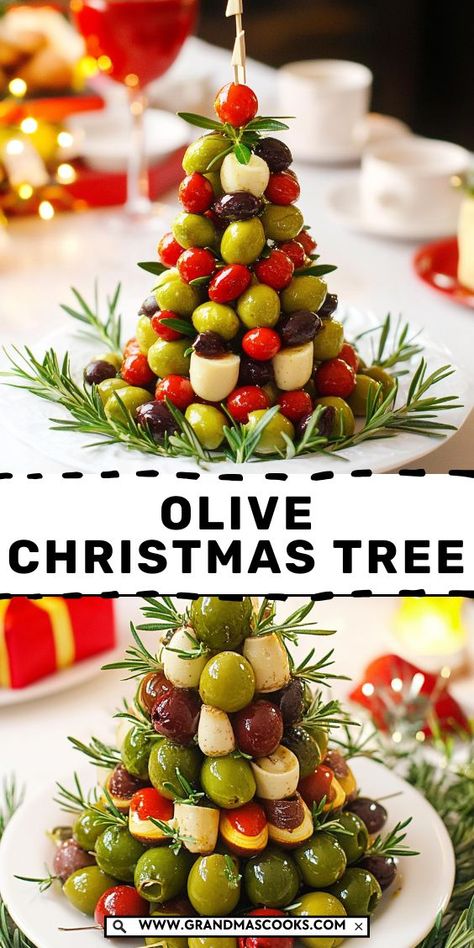 Get into the holiday spirit with this Olive Christmas Tree Appetizer! Perfectly shaped like a Christmas tree, this fun and flavorful snack is made with delicious olives, cheese, and fresh herbs. A festive treat your guests will love! Olive Tree Appetizer, Olive Oil Gift Ideas, Olive Christmas Tree, Christmas Tree Appetizer, Tree Appetizer, Cheese Tree, Christmas Cheese Boards, Olive Appetizer, Christmas Food Crafts