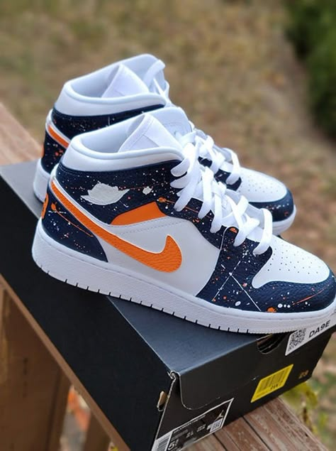 Denver/chicago Jordan 1 - Etsy Nigeria Custom Jordan Shoes, Chicago Jordan 1, Nike Shoes For Men, Nike Shoes Women Fashion, Futuristic Shoes, Air Jordan 1s, Pretty Sneakers, Trendy Shoes Sneakers, Nike Fashion Shoes