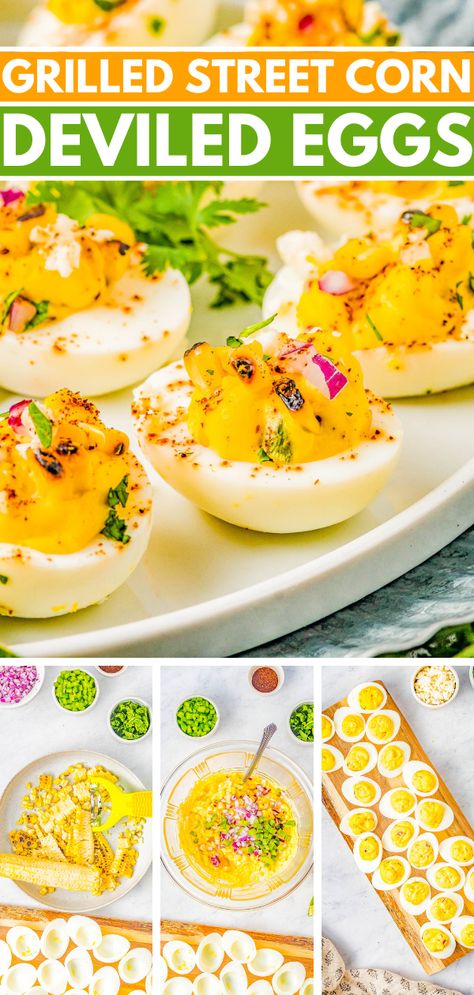 Street Corn Deviled Eggs, Mexican Street Corn Deviled Eggs, Homemade Snacks Recipes, Football Party Food, Egg Recipes For Breakfast, Deviled Eggs Recipe, Best Appetizer Recipes, Fourth Of July Food, Picnic Foods