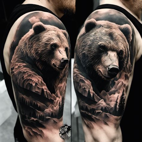 Bear Tattoo Drawing, Grizzly Bear Tattoos Women, Bear And Cubs Tattoo, Bear Tattoos For Men, Tattoos Bear, Bear Tattoo Ideas, Phenomenal Tattoo, Symbolic Artwork, Wilderness Tattoo