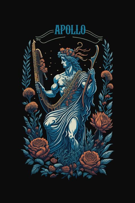 This artwork depicts the Greek god Apollo, known for his love of music, playing his harp in a garden full of blooming flowers. Apollo Artwork, Greek Gods Wallpaper Iphone, Apollo Painting, Apollo Greek God, Apollo Tattoo, Apollo Art, Apollo Greek, Greek God Tattoo, God Apollo