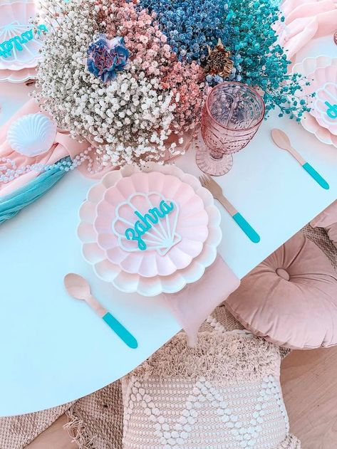 Mermaid Theme Table Set Up, Mermaid Food Table, 5 Yr Birthday Party Ideas Girl, Cotton Candy Wall, Mermaid Birthday Party Ideas, Surf Birthday, Mermaid Birthday Party Decorations, Princess Mermaid, Mermaid Theme Birthday Party