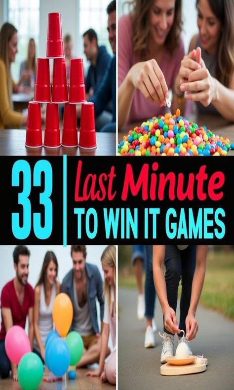 Get ready for fun with these 33 Latest Minute to Win It Games that will keep your friends and family entertained! Perfect for parties, team-building events, or family game night, these quick and exciting challenges are easy to set up and provide endless laughs. Discover creative ideas that will bring out the competitive spirit in everyone! #MinuteToWinIt #PartyGames #FunActivities #GameNight #FamilyFun #ChallengeAccepted #DIYGames Team Building Competition Games, Adult Group Party Games, Indoor Olympic Games For Adults, Indoor Family Olympic Games, Fun Easy Party Games, Family Team Games, Team Building Games For Adults Teamwork, Party Games To Play With Friends, Family Prize Games