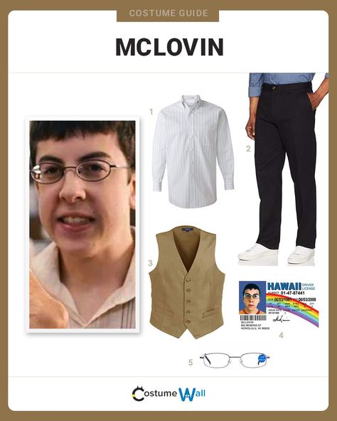 Movie Costume Ideas Men, Mens Cosplay Ideas, Movie Based Halloween Costumes, Simple Movie Character Costumes, Characters For Halloween Costumes, Easy Costume Ideas Men, Halloween Costume Men Easy, Mclovin Halloween Costume, Superbad Halloween Costume