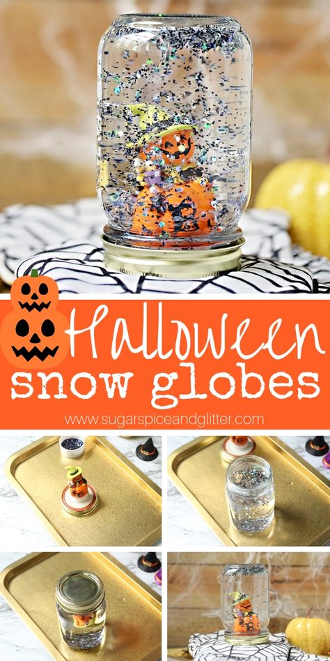 A fun DIY Snow Globe Kids Can Make, this Halloween Snow Globe is super simple Halloween craft for kids to make and a great Halloween party activity! Snow Globe For Kids, Halloween Crafts For Kids To Make, Halloween Party Craft, Easy Halloween Craft, Halloween Party Activities, Kids Globe, Snow Globe Crafts, Globe Crafts, Diy Snow