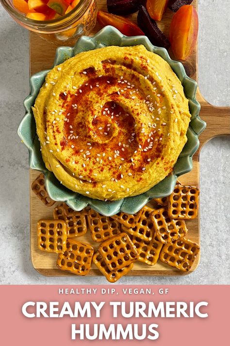 The creamiest homemade hummus recipe with a touch of spice from paprika, cumin, and turmeric Turmeric Chickpeas, Turmeric Hummus, Homemade Hummus Recipe, Monday Meals, Hummus Recipe Homemade, Meatless Monday Recipes, Healthy Dips, Favorite Dips, Homemade Hummus