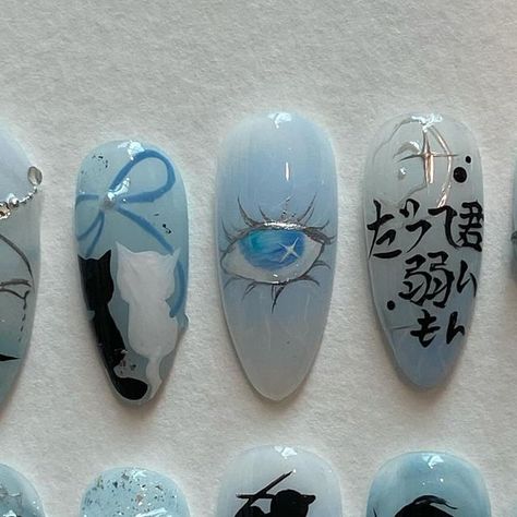 press on nails • nail design art on Instagram: "custom set ; gojo inspired" Gojo Themed Nails, Gojo Nail Art, Gojo Inspired Nails, Jjk Nails Gojo, Nanami Nails, Jjk Inspired Nails, Gojo Nails Inspired, Jjk Nails Designs, Satosugu Nails