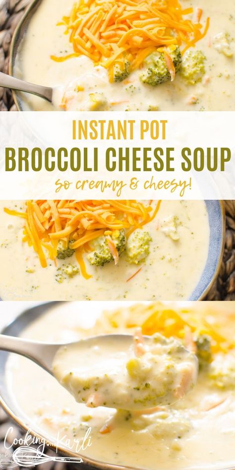 Meatless Soup, Instant Pot Broccoli Cheese Soup, Cheesy Soup, Instant Pot Broccoli, Broccoli Cheddar Soup Recipe, Cheddar Soup Recipe, Cooking With Karli, Matchstick Carrots, Cheese Soup Recipes