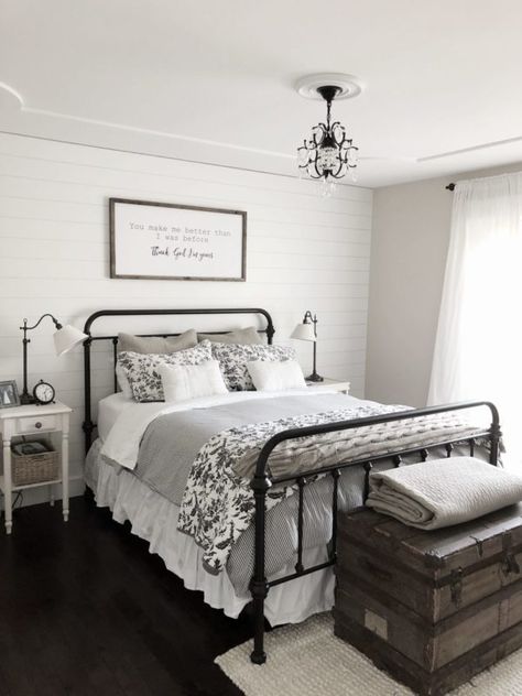 50 Rustic and Cozy Farmhouse Bedroom Designs For Your Next Renovation Cozy Farmhouse Bedroom, Modern Farmhouse Bedroom, Warm Bed, Shag Rugs, Iron Bed, Farmhouse Bedroom Decor, Trendy Bedroom, Farmhouse Bedroom, Shaggy Rug