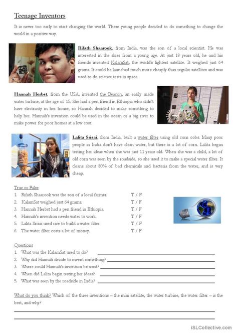 A reading worksheet which talks about three teenage inventors and their inventions, followed by some questions and a discussion point at the end. Aimed at Japanese students aged 14/15. Water Turbine, Active Voice, Esl Reading, Reading Worksheets, Esl Worksheets, Change The World, Reading Comprehension, Something To Do, Science