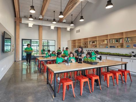 A worker teaching a group of children in a classroom building Makerspace Classroom, Community Architecture, High School Science Classroom, Sustainable Schools, New York Botanical Garden, Stem Classroom, Healthy School, School Interior, School Campus