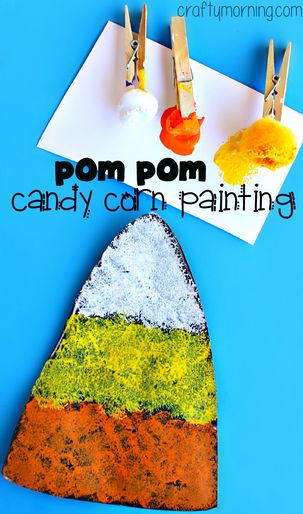 Candy Corn Craft using Pom Poms to Paint #Halloween craft for kids to make! #Fall | CraftyMorning.com Candy Corn Craft, Corn Craft, Candy Corn Crafts, Halloween Art Projects, Halloween Creative, Halloween Crafts For Toddlers, October Crafts, Crafts For Toddlers, Spooky Art