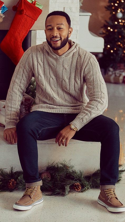 John Legend Style, Family Winter Photoshoot, Men Church Outfit, John Legends, Sperry Boat Shoes, Hot Sweater, Prep Style, Leather Boat Shoes, Dad Fashion