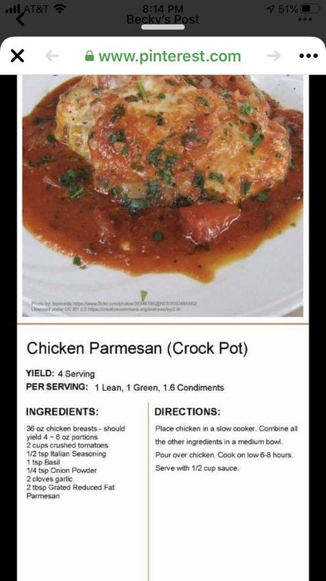 Lean And Green Chicken, Crockpot Chicken Parmesan, Green Diet, Lean Protein Meals, Green Chicken, Lean And Green, Lean And Green Meals, Chicken Parm, Crushed Tomatoes