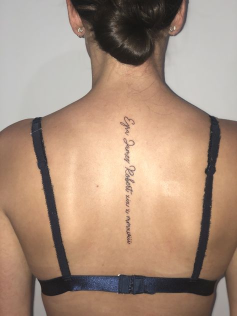 Spine name & birthdate tattoo Names Down Spine Tattoo, Name Down Spine Tattoo, Spine Name Tattoo, Quote Spine Tattoo, Frankie Tattoo, Birthdate Tattoo Ideas, Birthdate Tattoo, Biblical Tattoos, Glyph Tattoo