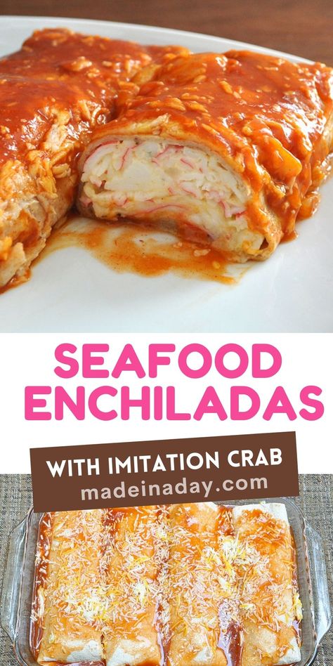 Looking for a great imitation crab Mexican recipe? My Seafood Enchiladas with Imitation Crab is the closest thing to my fav restaurant version. #Crab Meat. Main dish #Mexican food #crab #burrito crab meat #enchiladas #Imitationcrab cheese & cilantro Crab Enchiladas, Immitation Crab Recipes, Western Foods, Seafood Enchiladas Recipe, Seafood Salads, Seafood Enchiladas, Easy Enchilada Recipe, Mexican Food Dishes, Crab Meat Recipes