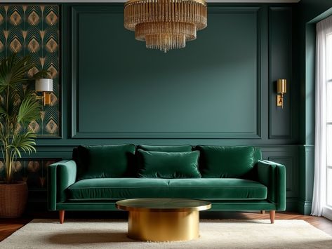 Transform your space with this stunning Art Deco living room! ✨ The deep emerald green velvet sofa and chic round gold coffee table create a luxurious focal point, while the rich navy blue walls and geometric wallpaper add a touch of sophistication. Don't forget the eye-catching chandelier that elevates the glam factor! 🛋️💎 #ArtDeco #InteriorDesign #HomeDecor Emerald Green Sofa Black Wall, Emerald Green Couch Aesthetic, Emerald Green Living Room Wallpaper, Emerald Green Walls Living Room, Emerald Green Wallpaper Home, Emerald Green Velvet Sofa, Green Velvet Sofa Gallery Eall, Round Gold Coffee Table, Living Room Art Deco