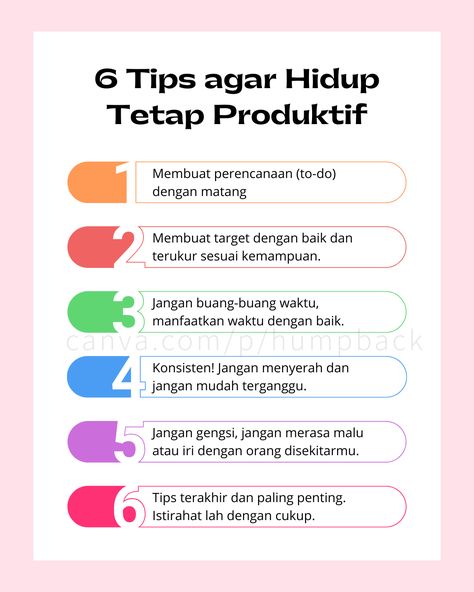 ✨ Tips Agar Hidup Tetap Produktif Setiap Hari! 🌟 Temukan cara untuk memaksimalkan setiap hari dengan tips sederhana namun efektif untuk menjaga produktivitas Anda tetap tinggi. Swipe untuk melihat 6 tips yang bisa Anda terapkan sekarang juga! 💪 #Produktivitas #HidupSehat #Motivasi#TipsProduktivitas, #HidupProduktif, #ManajemenWaktu, #MotivasiHarian, #KeseimbanganHidup, #EfisiensiKerja, #PengembanganDiri, #RutinitasHarian, #CiptakanKebiasaan, #HidupSehat Single Image, Instagram Post Template, Post Design, Text Effects, Post Templates, Real Time, Design Details, Instagram Post, Instagram Posts