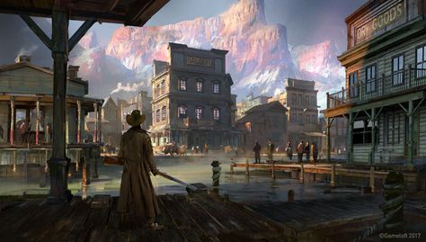 ArtStation - Cancelled Projet #2 - Environments, Thomas Brissot Epic Backgrounds, Cowboy Town, Fallout Concept Art, Western Town, Western Landscape, Location Inspiration, West Art, Dungeons And Dragons Homebrew, High Fantasy