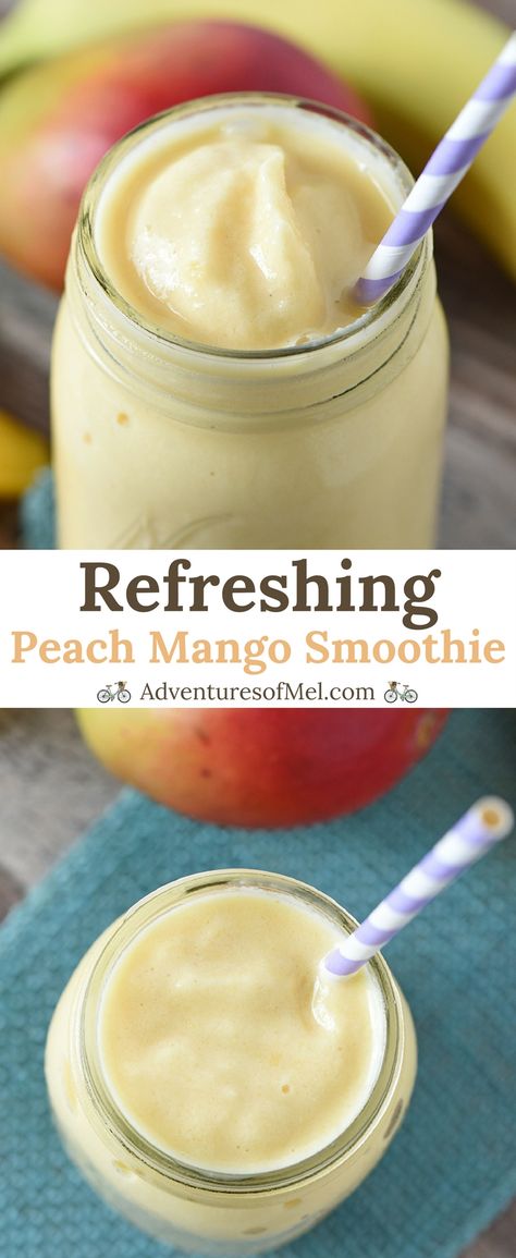 Peach Mango Smoothie recipe that's healthy, quick, and an easy to make snack. Made with 1 banana and a dash of honey, also a tasty addition to mornings. Note can replace milk wth non-fat yogurt to reduce the Weight Watcher points. Peach Mango Smoothie Recipe, Peach Mango Smoothie, Mango Smoothie Recipe, Weight Watcher Smoothies, Mango Smoothie Recipes, Easy To Make Snacks, Snack Smoothie, Juice Smoothies Recipes, Easy Smoothie Recipes