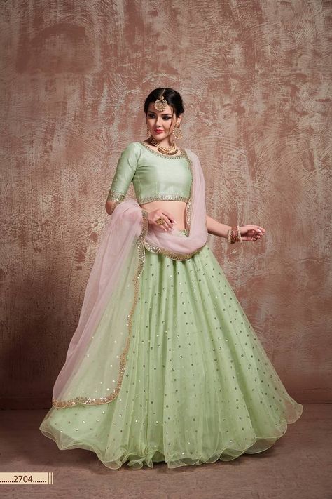 Latest Lehenga Designs, Mirror Work Lehenga, Indian Bridesmaids, Pista Green, Wedding Dress Outfit, Green Lehenga, Lehenga Style, Half Saree Designs, Net Lehenga