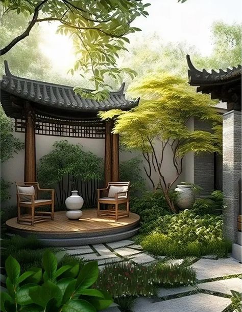 Japanese Deck Design, Korean Garden Design, Modern Japanese Garden Landscapes, Chinese Garden Landscape, Japanese Patio, Garden Decorations Ideas, Japanese Garden Style, Dream Garden Backyards, Chinese Courtyard